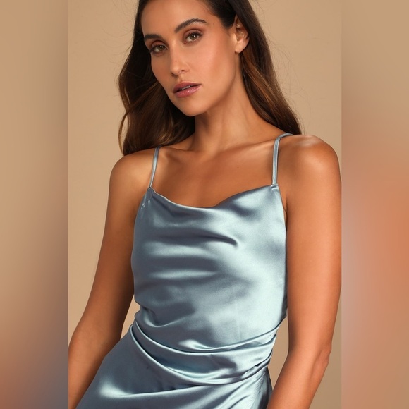 LULU’S Hollywood Woman Dusty Blue Satin Midi Dress - Picture 2 of 6